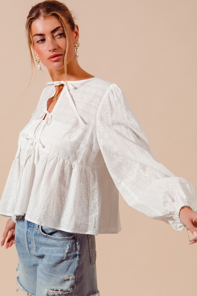 Floral Embroidered Front Tie Blouse