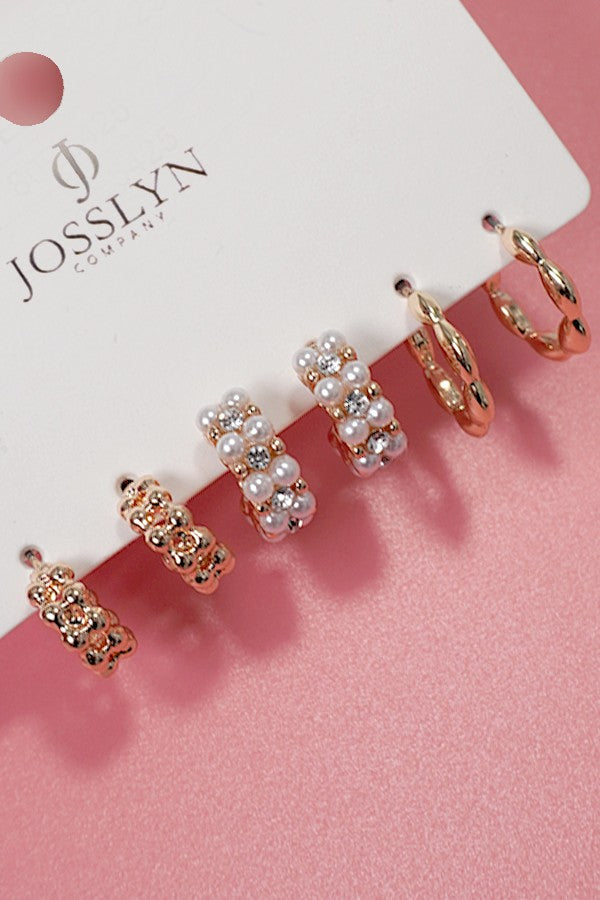 Trio Pearl Link Bean Huggie Hoop Earrings
