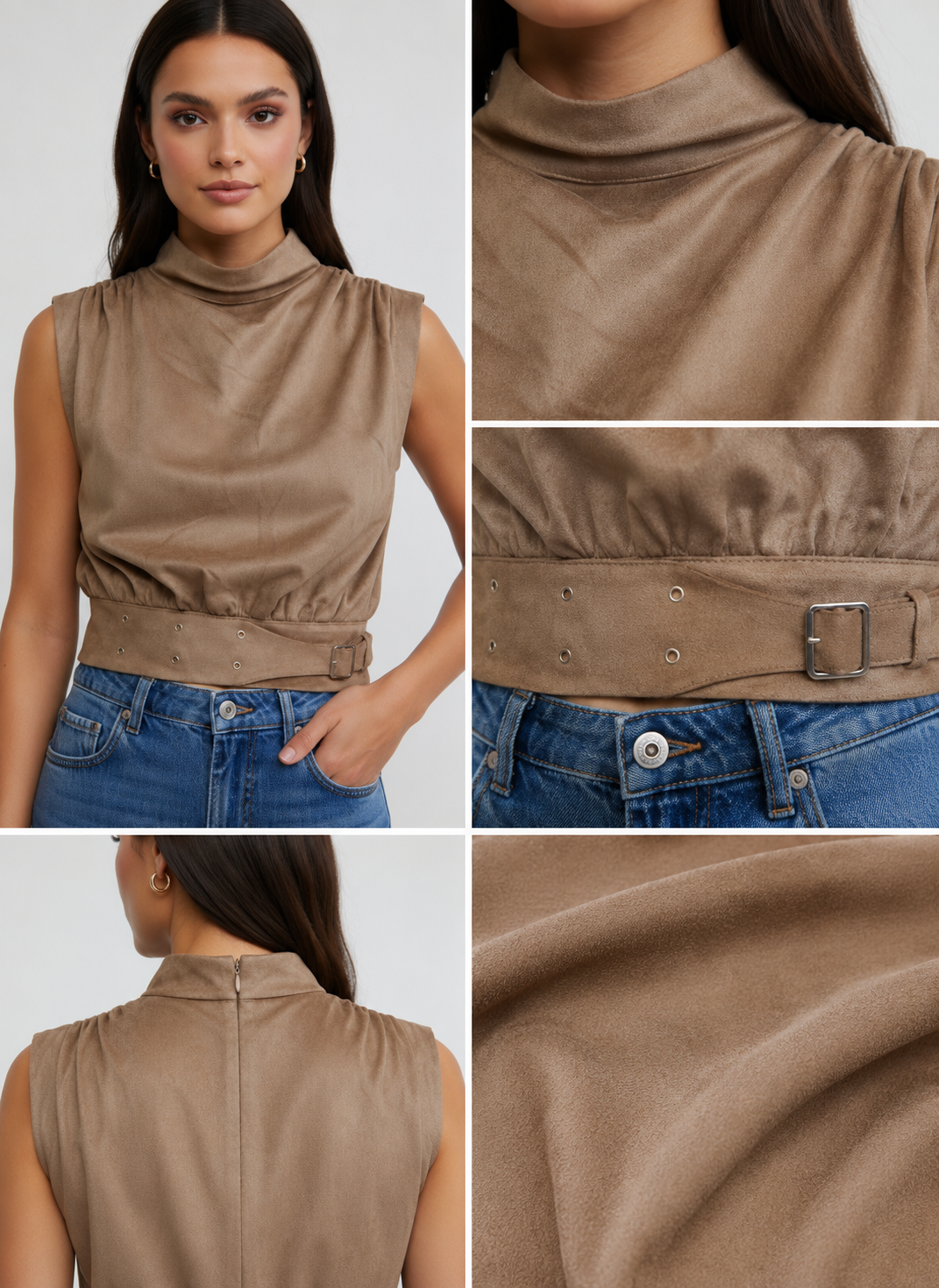 Suede Belted Mock Neck Top