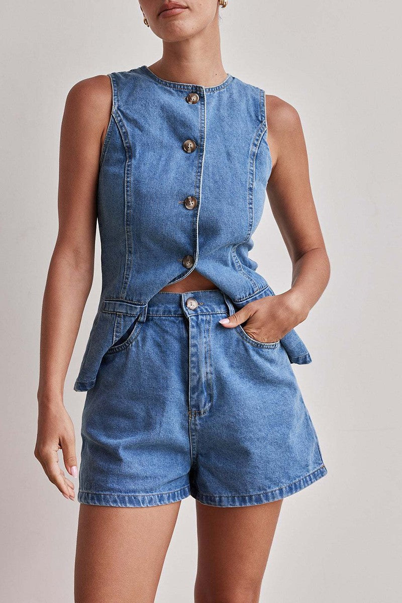 Buttoned Denim Vest And Shorts Set