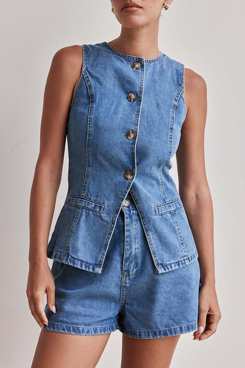 Buttoned Denim Vest And Shorts Set