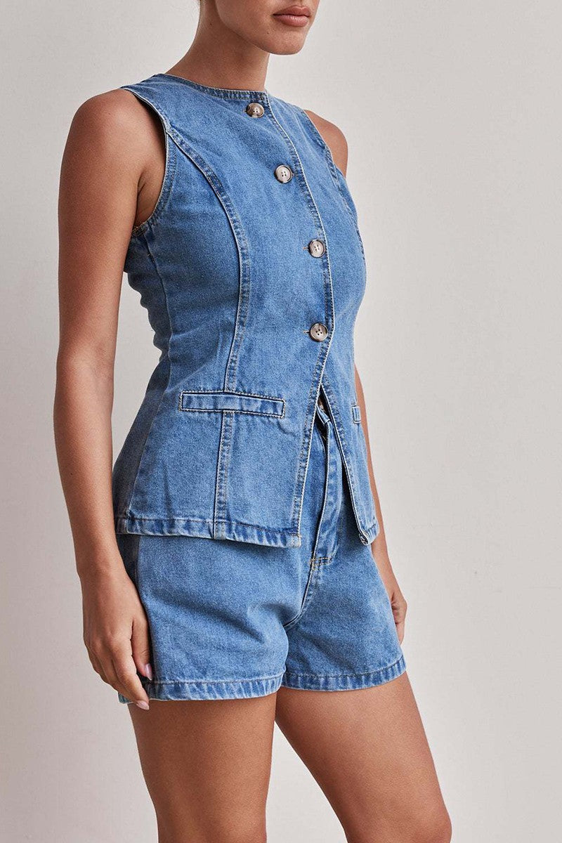 Buttoned Denim Vest And Shorts Set