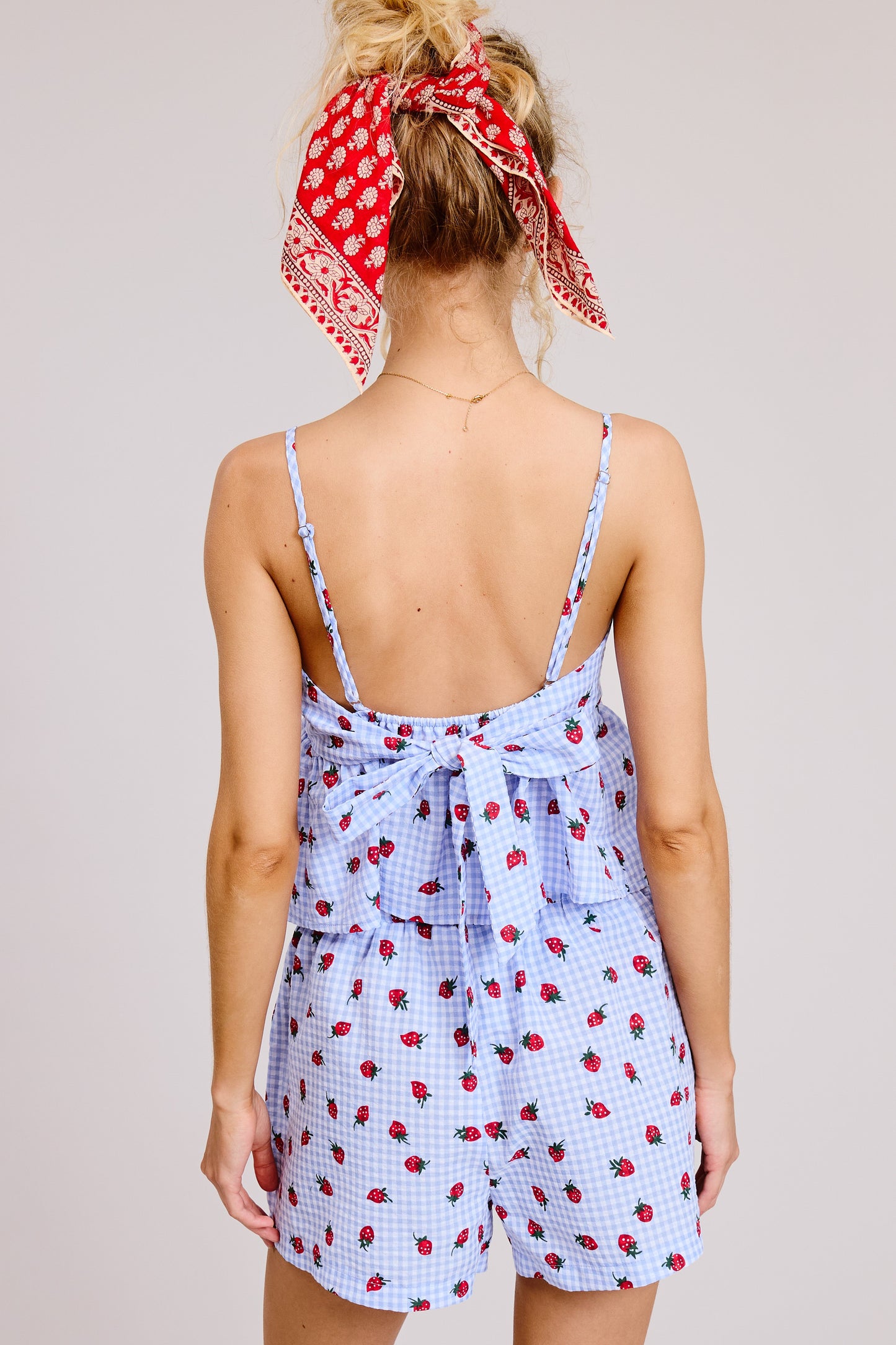 Strawberry Print Gingham Tank Top And Shorts Set