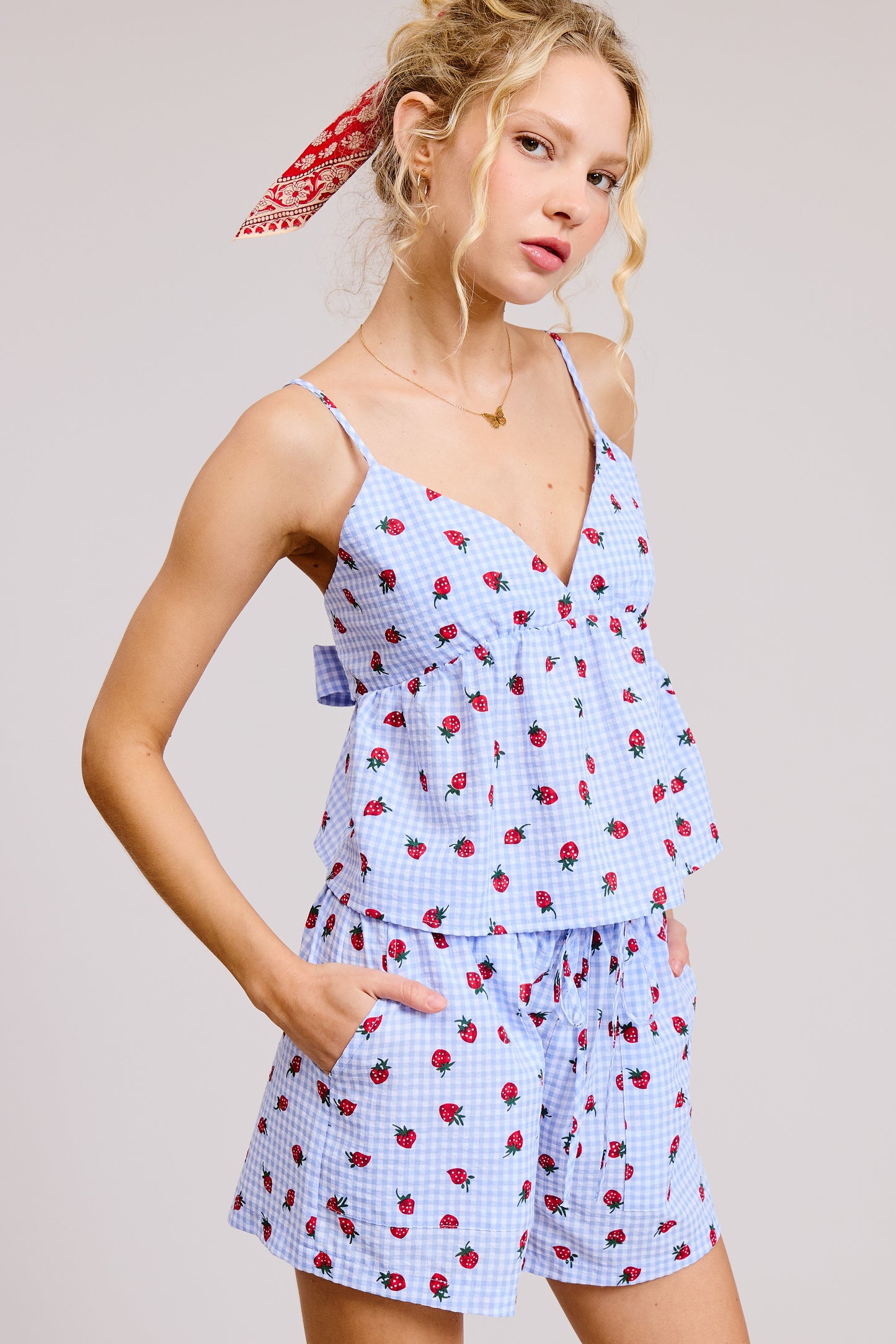 Strawberry Print Gingham Tank Top And Shorts Set