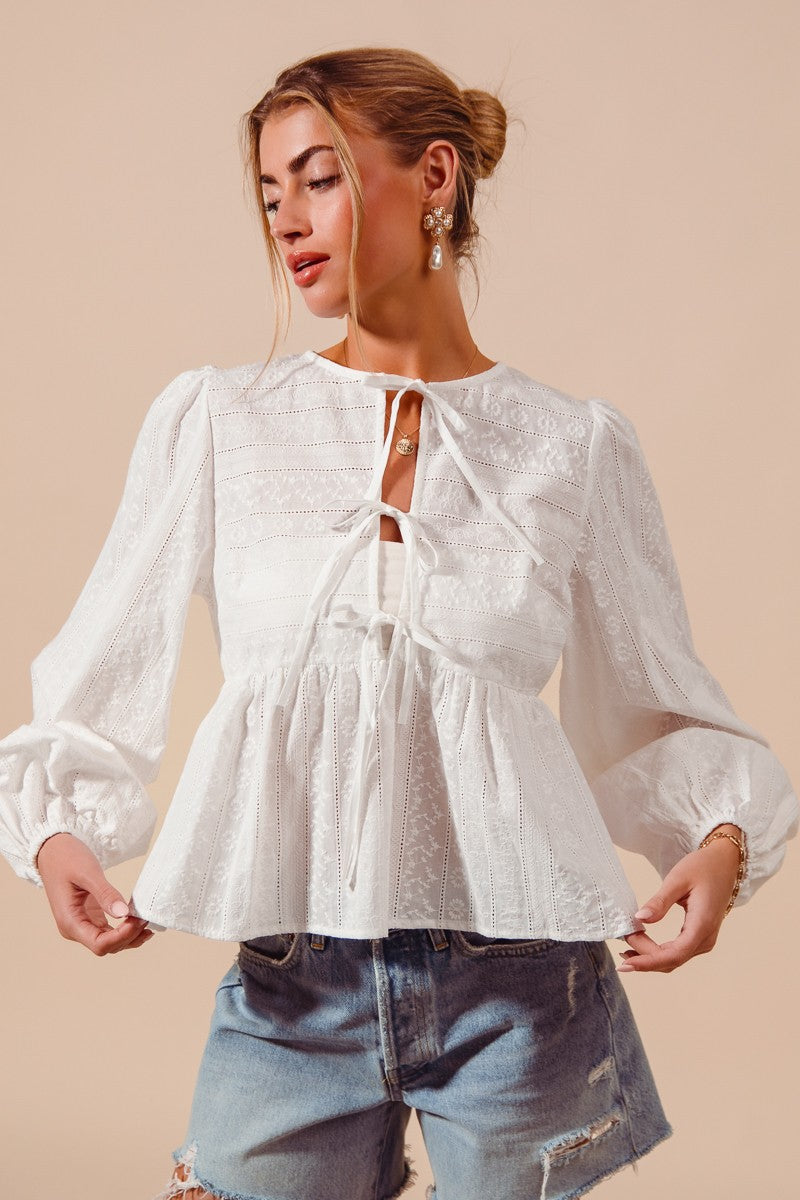 Floral Embroidered Front Tie Blouse