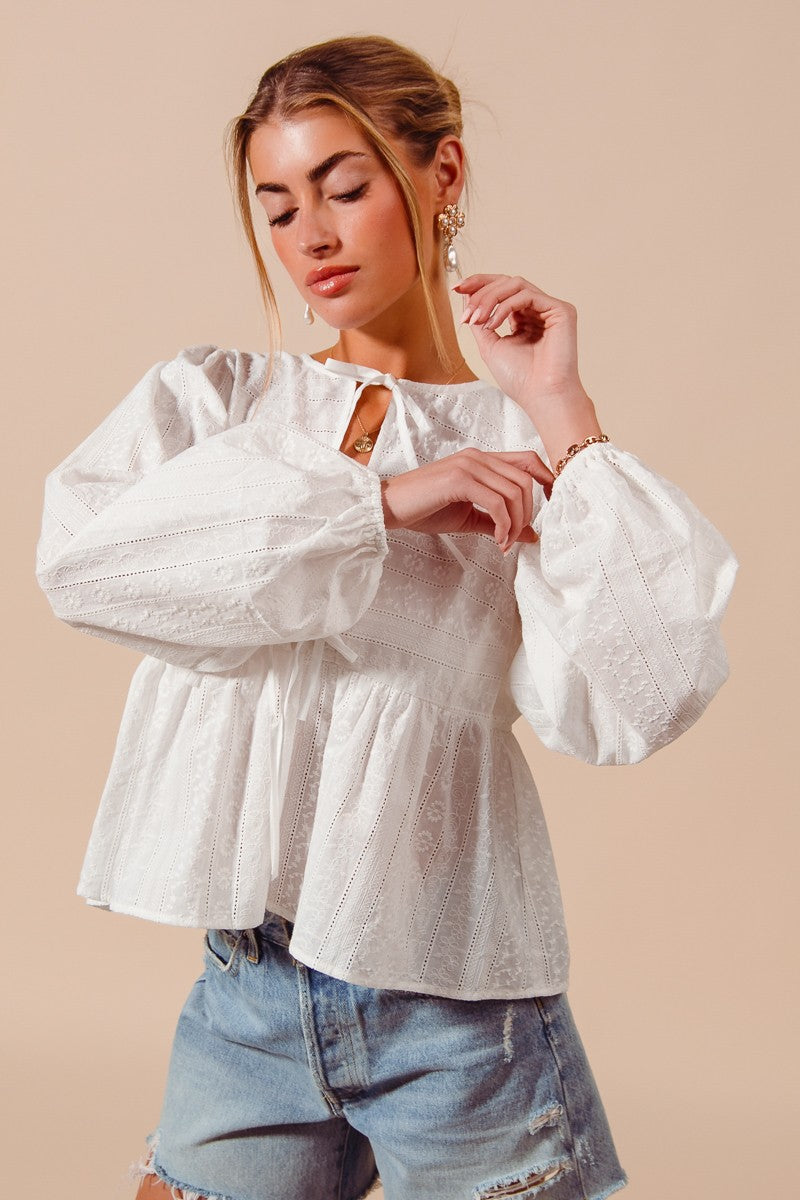 Floral Embroidered Front Tie Blouse