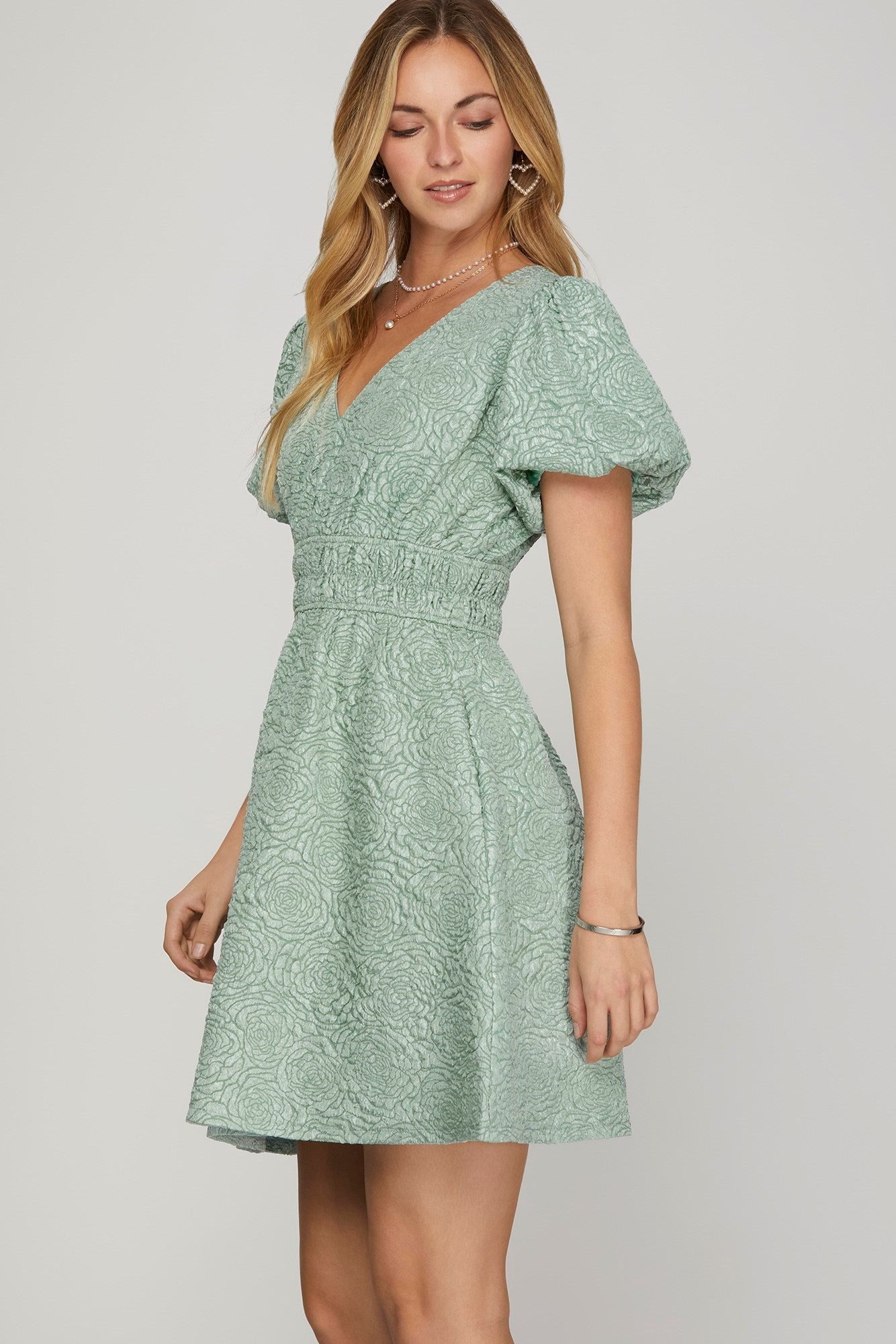 Puff Sleeve V Neck Mini Dress