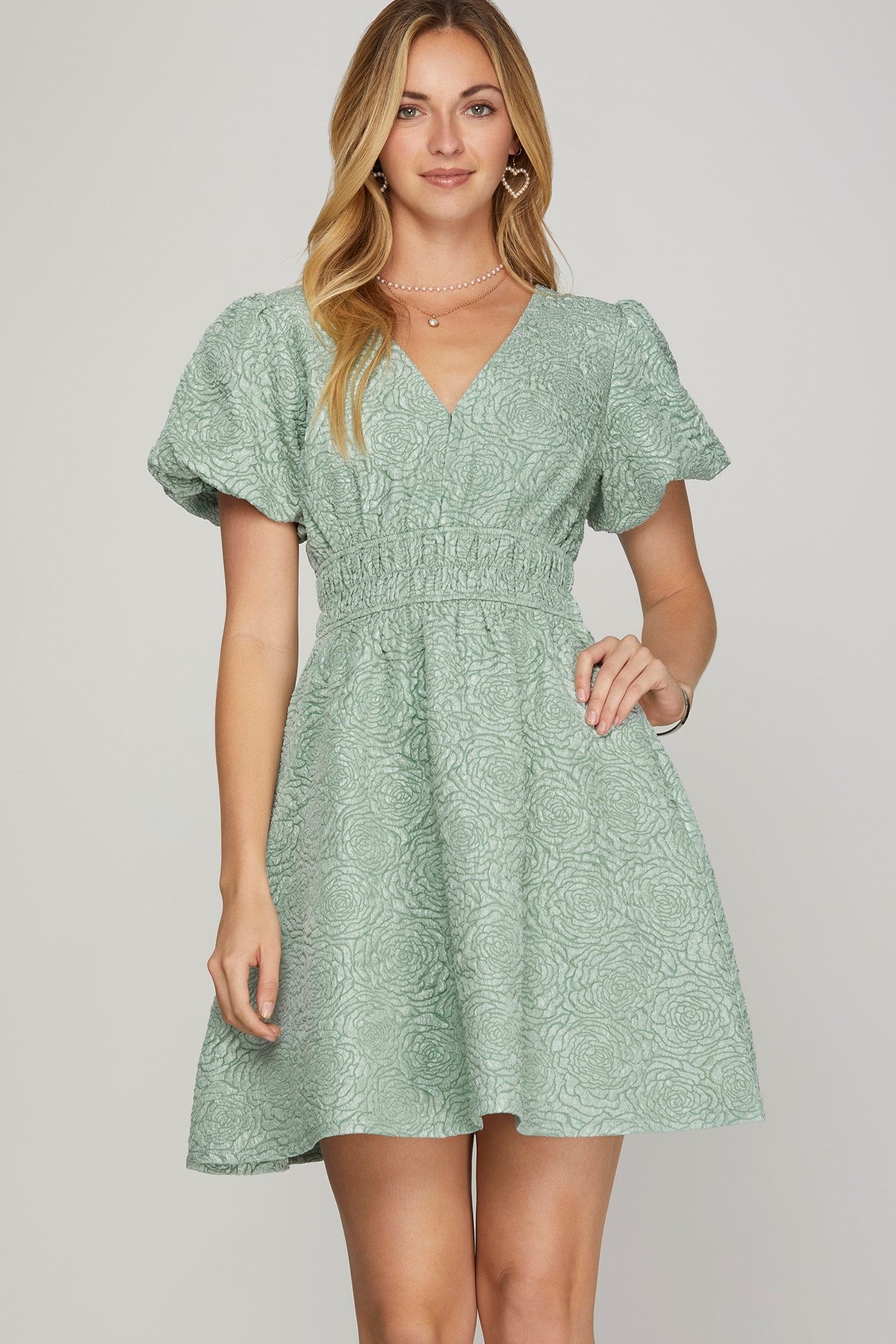 Puff Sleeve V Neck Mini Dress