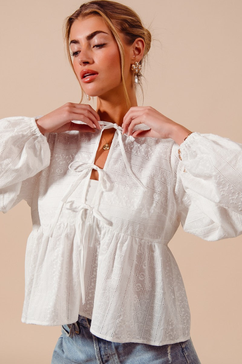 Floral Embroidered Front Tie Blouse