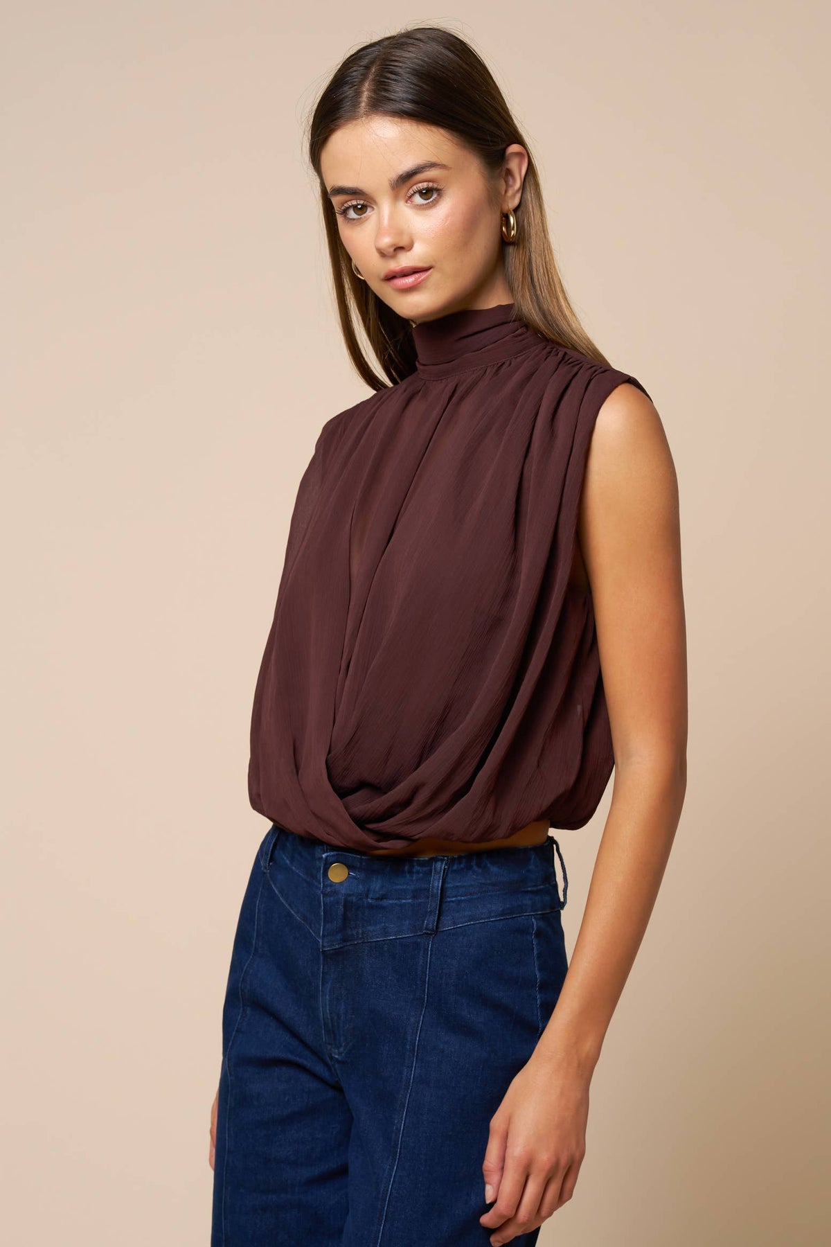 Chiffon Draped Mock-Neck Top