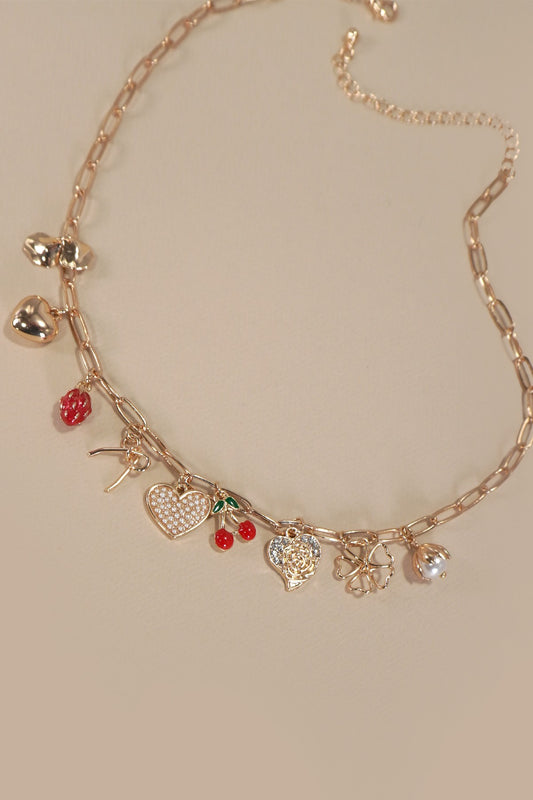 Multi Charm Bow Cherry Heart Necklace