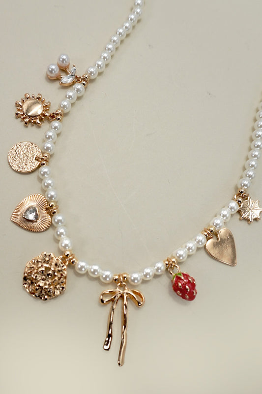 Pearl Beaded Bow Strawberry Cherry Necklace