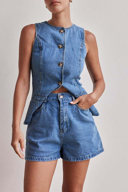 Buttoned Denim Vest And Shorts Set