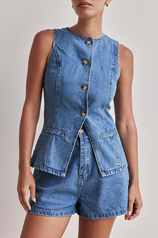 Buttoned Denim Vest And Shorts Set