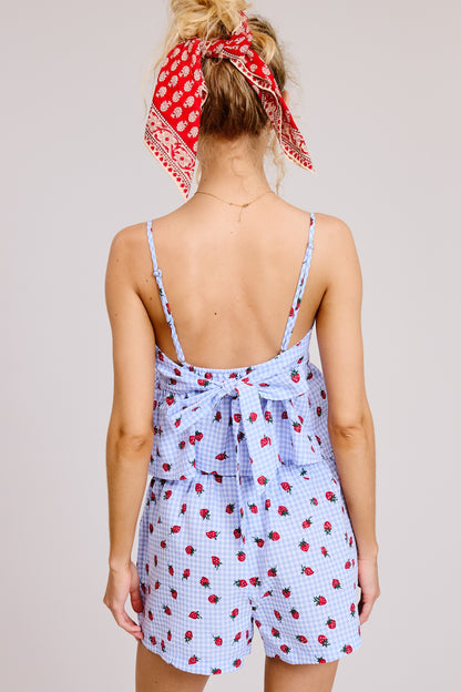 Strawberry Print Gingham Tank Top And Shorts Set