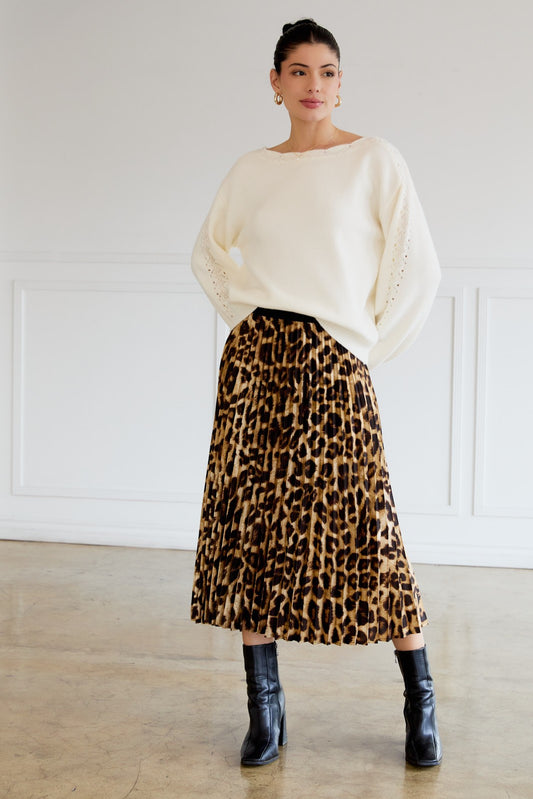 Animal Print Pleated Midi Skirt