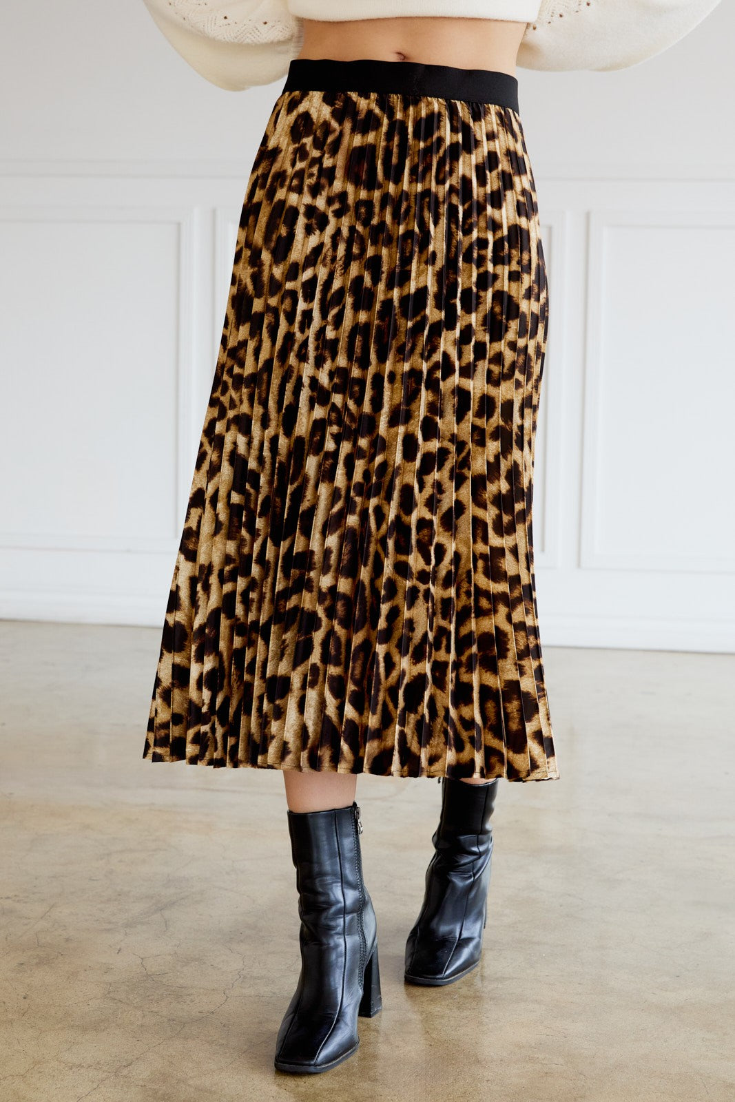 Animal Print Pleated Midi Skirt