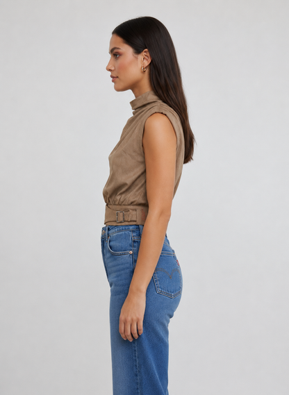 Suede Belted Mock Neck Top