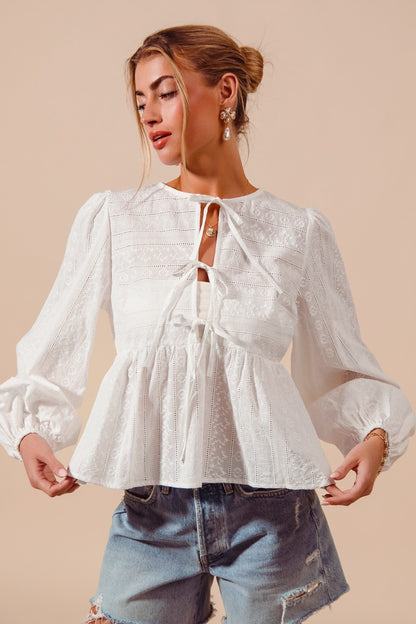 Floral Embroidered Front Tie Blouse