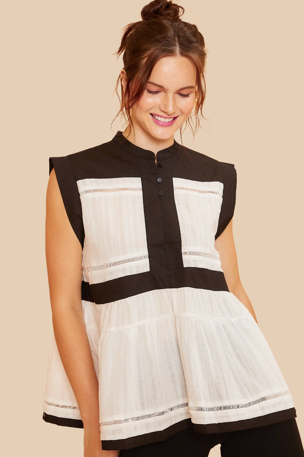 Contrast Trim Button Front Woven Blouse Top