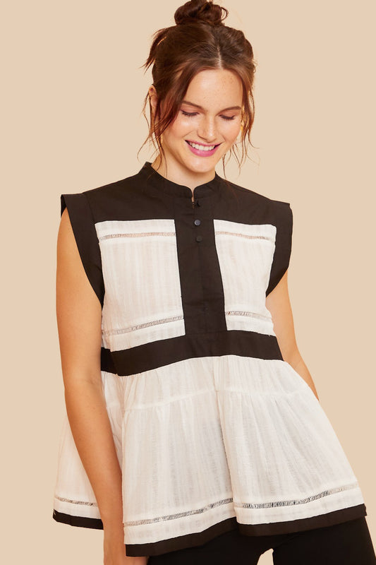 Contrast Trim Button Front Woven Blouse Top