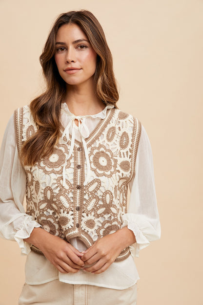 Crochet Sweater Vest & Chiffon Blouse Set