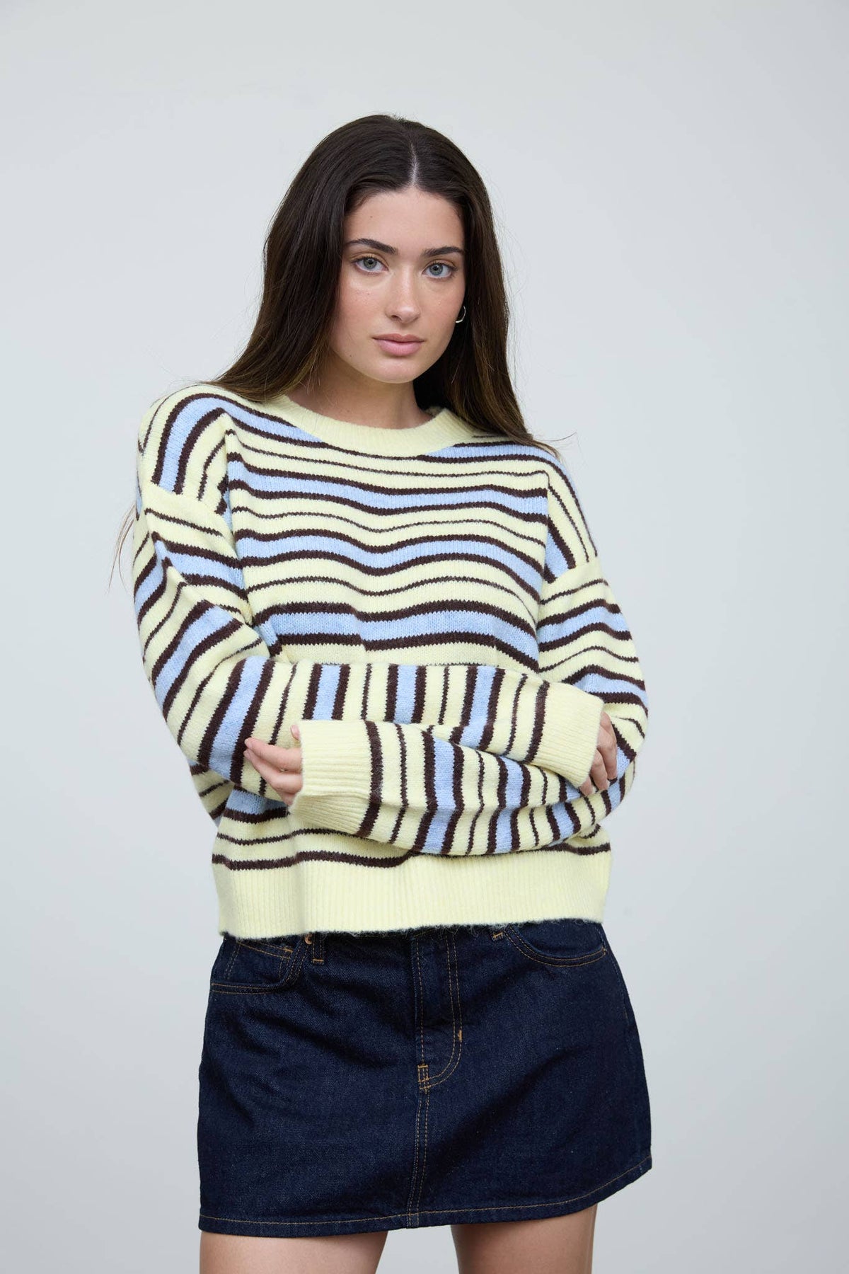Multi-Color Stripe Crewneck Knit Sweater
