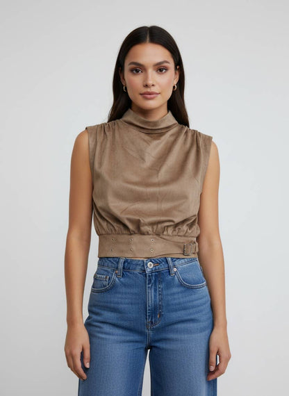 Suede Belted Mock Neck Top